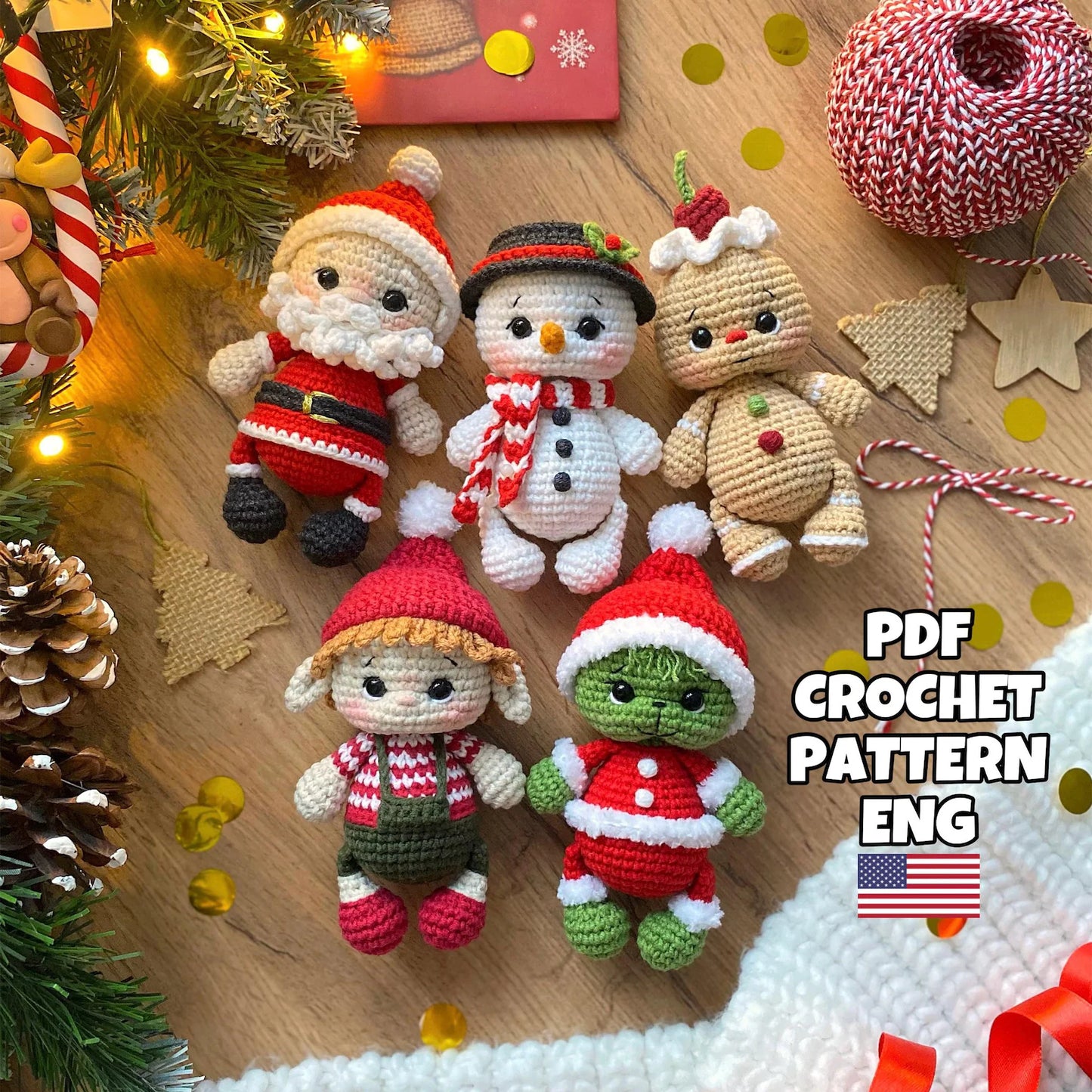 Crochet christmas tree decorations toys set 5 in 1 pattern crochet PDF in Eng Santa Claus snowman gingerbread elf crochet